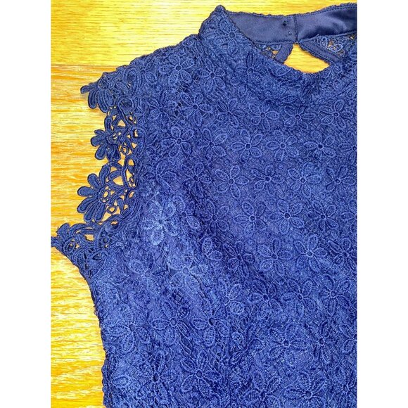 Womens Navy Blue Floral Lace Romper Short Sleeve Keyhole Back Elegant Design - Picture 3 of 7